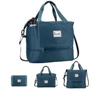 Foldable Travel Duffle Bag with Multiple Pockets, 40L Expandable Weekender Bag for Women, Overnight Carry On Gym Tote with Water Bottle Holder, Peacock Blue, Foldable & Expandable