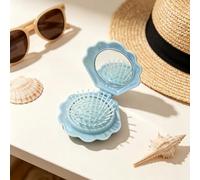 Foldable Travel Hair Brush 1 Pack Portable Pocket Hair Comb with Mirror Shell Case Mini Air Cushion Massage Blue