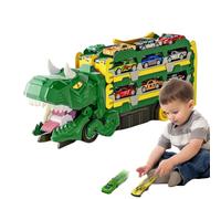 Foldable Truck - Dinosaur Transport Vehicle Transforms Conveyor Toy | Race Track Playset with 18 Cars for Birthday Party Boys Girls Regular Set
