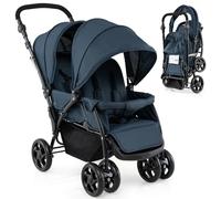 Foldable Twin Stroller, Double Baby Pushchair w/Multi-Level Backrest, Canopy, Handle & Footrest, Safety Belt & Brake System, Travel Tandem Seating Stroller w/Lockable Wheels (Dark Blue)