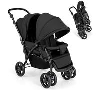 Foldable Twin Stroller, Double Baby Tandem Pushchair w/Multi-Level Backrest, Canopy, Handle & Footrest, Safety Belt & Brake System, Travel Seating Stroller w/Lockable Wheels (Black)