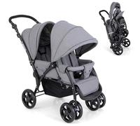 Foldable Twin Stroller, Double Baby Tandem Pushchair w/Multi-Level Backrest, Canopy, Handle & Footrest, Safety Belt & Brake System, Travel Seating Stroller w/Lockable Wheels (Gray)