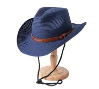 Foldable Unisex Wide Brim Straw Cowboy Hat, Sun Protection Western, Summer Beach With Wind Lanyard For Men Women(Blue)