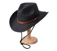 Foldable Unisex Wide Brim Straw Cowboy Hat, Sun Protection Western, Summer Beach With Wind Lanyard For Men Women(Black)