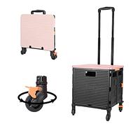 Foldable Utility Cart Folding Portable Rolling Crate Handcart with Durable Heavy Duty Plastic Telescoping Handle Collapsible 4 Rotate Wheels for Travel Shopping Moving Luggage Office Use (Black+Pink)