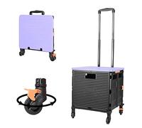 Foldable Utility Cart Folding Portable Rolling Crate Handcart with Durable Heavy Duty Plastic Telescoping Handle Collapsible 4 Rotate Wheels for Travel Shopping Moving Luggage Office Use(Black+Purple)