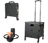 Foldable Utility Cart Folding Portable Rolling Crate Handcart with Durable Heavy Duty Plastic Telescoping Handle Collapsible 4 Rotate Wheels for Travel Shopping Moving Luggage Office Use (Black+Black)