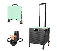 Foldable Utility Cart Folding Portable Rolling Crate Handcart with Durable Heavy Duty Plastic Telescoping Handle Collapsible 4 Rotate Wheels for Travel Shopping Moving Luggage Office Use (Black+Green)
