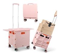Foldable Utility Cart Folding Portable Rolling Crate with Magnetic Extended Lid,360°Rotate Wheels,176LBS Load Capacity,Heavy Duty Durable Dolly Cart for Teacher Tourist Shopping Office Outdoor Pink