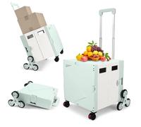 Foldable Utility Cart, Shopping Trolley Box with Stair Climber Wheels, Folding Box Cart with Adjustable Handle, Grocery Storage Box with Seat, 80KG/55L for Teachers, Office, Shopping, Home-Light Green