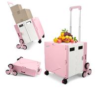 Foldable Utility Cart, Shopping Trolley Box with Stair Climber Wheels, Folding Box Cart with Adjustable Handle, Grocery Storage Box with Seat, 80KG/55L for Teachers, Office, Shopping, Home-Pink White