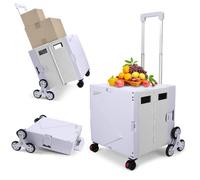 Foldable Utility Cart, Shopping Trolley Box with Stair Climber Wheels, Folding Box Cart with Adjustable Handle, Grocery Storage Box with Seat, 80KG/55L for Teachers, Office, Shopping, Home - Purple