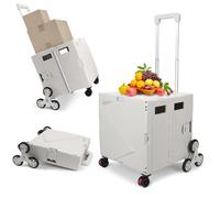 Foldable Utility Cart, Shopping Trolley Box with Stair Climber Wheels, Folding Box Cart with Adjustable Handle, Grocery Storage Box with Seat, 80KG/55L for Teachers, Office, Shopping, Home - Cream