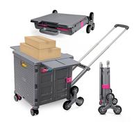 Foldable Utility Cart with Stair Climbing Wheels,Collapsible Rolling Crate with Magnetic Lid Telescopic Cover,Adjustable Telescoping Handle,360° Rotate Wheel Hand Cart for Teacher Shopping Moving