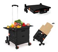 Foldable Utility Cart with Stair Climbing Wheels,Collapsible Rolling Crate with Magnetic Lid Telescopic Cover,Telescoping Handle,360° Rotate Wheel Hand Cart for teacher Shopping Moving Grocery(Black)