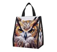 Foldable Watercolor Cool Owl Head Insulated Lunch Bag 9L Reusable Leakproof Cooler Tote with Pocket Washable Aluminum Foil Lining Lightweight Thermal Food Storage Bag for Office Picnic Beach Gym
