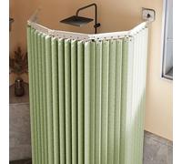 Foldable Waterproof Shower Curtain - No Drilling Adjustable L/U-Sd Rod with Strong Suction Cups 3-Fold Design in Green Washable Linen Textile - Perfect for Easy Installation and Space-Sav