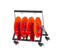 Foldable Wire Spool Rack with Adjustable Spacing and Wheels for Portable Storage and Dispensing in Home Workshop