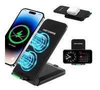 Foldable Wireless Charger Stand, Up to 15W Qi Charging Dock for iPhone 16/15/14/13/12, Samsung Galaxy S24/S23/S22/S21 and Other Qi-Enabled Phones, Vertical & Horizontal Charging, LED Indicator