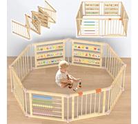 Foldable Wooden Baby Playpen with Gate, Wood Baby Play Pen Play Yard with Educational Abacus, Alphabet Board, Shape Color Board & Child Proof Lock, Wood Playpen for Babies and Toddlers 57×57×23 inch