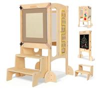 Foldable Wooden Learning Tower from 1 Year, Montessori 5-in-1 Multifunctional Children's Step Stool with Blackboard & 360° tilt Protection, Safety net, Height-Adjustable Learning Tower