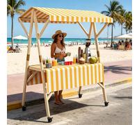 Foldable Wooden Outdoor Vendor Cart, with Canopy, Portable Mobile Market Display Stall Booth, For Farmers Market, Street Food, Fairs & Events,Yellow,L120CM