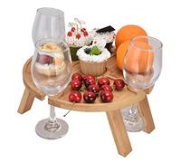 Foldable Wooden Wine Picnic Table - Portable Outdoor Snack & Cheese Tray with 4 Glass Holders for Garden, Camping, Beach
