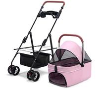Folded 4 Wheels Pet Stroller for Small Medium Dogs Cats, Easy to Store and Assemble, Cat Stroller with 360° Swiveling Front Wheel and Brake for Traveling Going Out Walking(Pink)