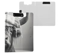 Folded Clipboard Highland Cow Artistic Black White A4 Clipboard Binderfolio Two Metal Clips Pen Holder Office Clip Board with Cover