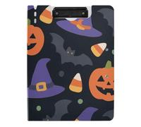 Folder Clipboard with Storage Cartoon Halloween Magic Hats Jack-o'-Lanterns and Bats A4 Clipfolio Horizontal and Vertical Double Clips Office Clip Board with Cover
