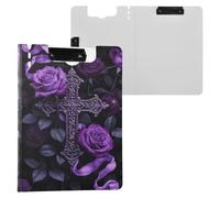 Folder Clipboard with Storage Gothic-Style Purple Rose Cross A4 Clipboard with Padfolio Two Metal Clips Pen Holder Office Clip Board Cover