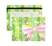 Folder for Binder with Clear Window Easter Day Bow Green Striped Large Zippered Pencil case Large and Sturdy 3 Ringing Binder folders for Storing School Office Supplies 2 PCS