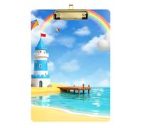 Folder with Clipboard A4 Size 12.5" x 9" Metal Clipboard Folder with Low Profile Clip for Social Worker Elementary Castle by The Sea with Rainbow