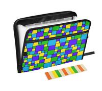 Folder with Pocket 13 Pockets A4 Letter Size with Zipper Closure for Business Bright Blue Yellow Teal Checkered Pattern organizador