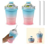 Folding 2-in-1 Ice Ball Maker Mold Cup, Collapsible Silicone Ice Ball Cup with Built in Mold and Straw Portable Tumbler for Summer Travelers Bartenders Home Office Parties Camping Beach