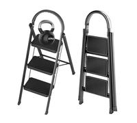 Folding 3 Step Ladder, Durable Steel, Non-Slip Feet and Steps Support 150 KG Capacity, Lightweight, Easy to Store, Ideal for DIY, Decorating, Home Use and RV Outdoor Work (Black)