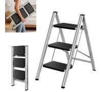 Folding 3-Step Ladder, Heavy Duty Stainless Steel Foldable Ladder with Anti Slip Steps and Feet, Lightweight Stepladder, Easy to Store, Household Ladder for Home/Kitchen/Garage, 150KG Max Capacity