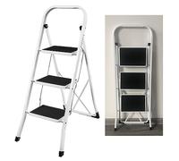 Folding 3 Tread Step Ladder Heavy Duty Steel Safety Stepladder Portable Three Steps Ladder Step Stool with Handrail Support & Non-slip Mat Tread for Kitchen Home Garden Office