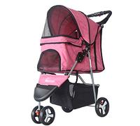 Folding 3-Wheeled Pet Car Lightweight Dog Trolley Animal Carrier Pushchairs Front Wheel 360° Rotation (Pink)
