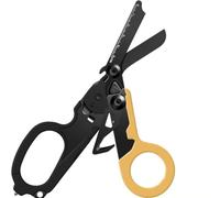 Folding 6-in-1 Utility Trauma Shears, Stainless Steel Pocket Rescue Scissors with Strap Cutter, Ruler, Ring-Style Cutter and Glass Breaker (Black & Yellow Plated Scissors)