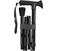 Folding Adjustable Walking Stick with Ergonomic Rubber Handle, 5 Height Settings, Lightweight Aluminum, Wrist Strap, and Non-Slip Tip. Compact for Travel. Supports up to 100kg. Black