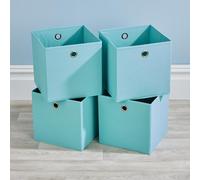 Folding Aqua Blue Square Storage Utility Box 4 Piece Fabric Cube Set Basket Bag
