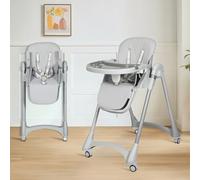 Folding Baby High Chair, Double Removable Trays, 7-Position Adjustable Height, Wheels with Brakes, Adjustable Backrest, Foldable Dining Playing Seat, for 0-36 Months, Easy Cleaning and Storage, Grey