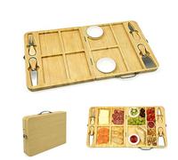 Folding Bamboo Cheese Board,Charcuterie Boards with Four Knives and Two Plates,Cheese Board and Knife Set with Compartments,Ideal for Family Gatherings,Friends'Parties and Outdoor Picnics