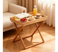 Folding Bamboo Tea Table with Tray Outdoor Coffee Table for Patio Pool and Porch 18.5x18.1x13.6in Versatile Wooden Side Table for Living Room & Camping