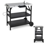 Folding BBQ Serving Trolley Cart - 3-Tier Rolling Pizza Oven Table with Adjustable Shelf, Spice Rack, Phone Holder & Stainless Steel - Outdoor Dining & Food Prep Station for Grilling and BBQ