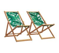 Folding Beach Chairs 2 pcs Green Leaf Pattern Polyester on Eucalyptus Wood 62cm