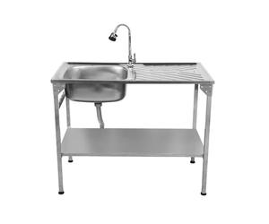 Folding Camping Sink Stainless Steel with Flexible Tap Portable Hand Wash Basin Single Bowl RH Drainer Drainage Pipe Height Adjustable Feet Outdoor Free Carry Storage Bag Chopping Board & 5 x Hooks