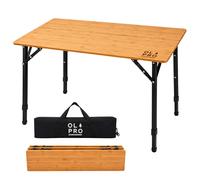 Folding Camping Table w/ Bamboo Worktop - Large - 80cm x 60cm - Adjustable Height - Rustproof - Lightweight - Storage Bag Included - OLPRO