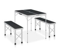 Folding Camping Table with 2 Benches Made of Aluminium and MDF, Compact and Portable, Grey Silver, 90 x 60 x 70 cm, Space-Saving with Integrated Storage Space for Outdoor, Picnic, Garden